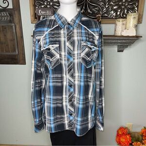 Buckle Black Blue Plaid Long Sleeve Snap DowLarge Men’s